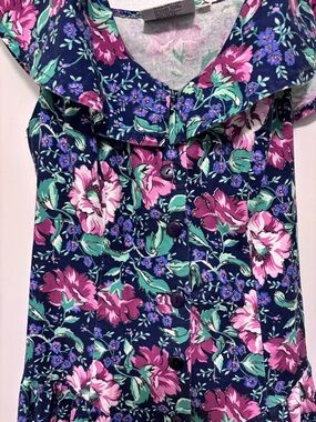 Vintage 1980s Joni Blair Floral Button-up Long Dress Ruffle Collar 100% Cotton